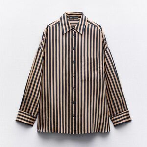 Zara Oversized Blue and Taupe Casual Button Down Shirt - NWT!